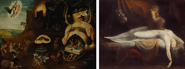 LEFT 1765321_FIG 2, RIGHT 1765321_FIG 3 (CROP TO EDGE OF CANVAS TO REMOVE FRAME): [left] Follower of Hieronymus Bosch, The Vision of Tundale, c. 1485, Denver Art Museum. Image: Album/Alamy Stock Photo [right] Henry Fuseli, The Nightmare, 1781, Detroit Institute of Arts. Image: Detroit Institute of Arts, Founders Society Purchase with funds from Mr. and Mrs. Bert L. Smokler and Mr. and Mrs. Lawrence A. Fleischman 